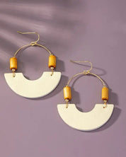 Leather And Metal Arch Earrings With Wood Beads