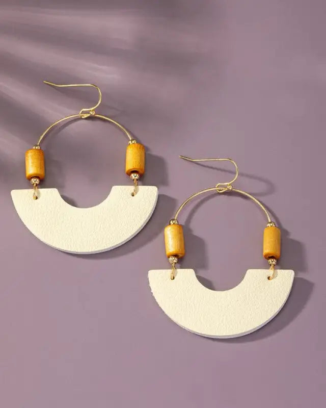 Leather And Metal Arch Earrings With Wood Beads