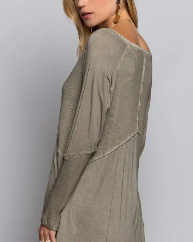 Light Wash Rib Textured Long Sleeve Top