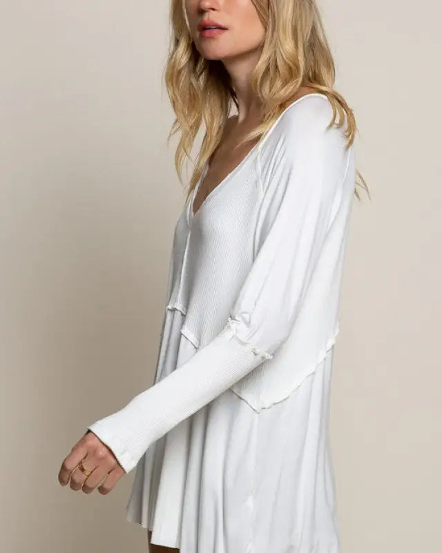 Light Wash Rib Textured Long Sleeve Top