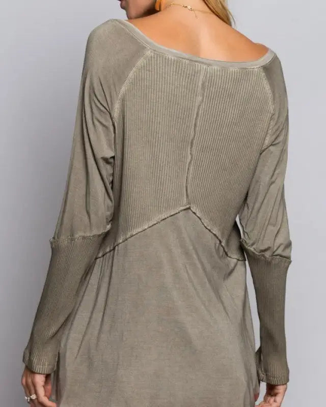 Light Wash Rib Textured Long Sleeve Top