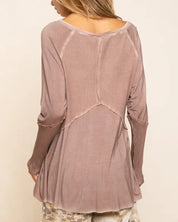 Light Wash Rib Textured Long Sleeve Top