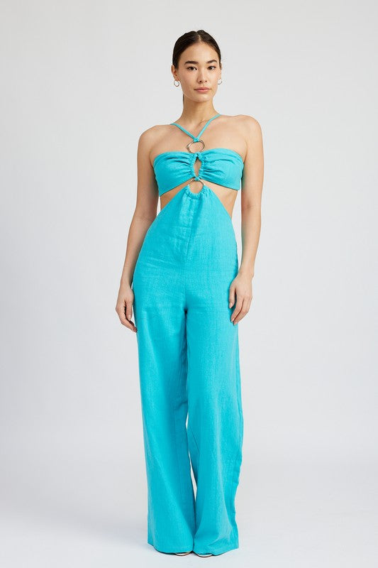 DOUBLE O RING CUT OUT JUMPSUIT - TURQUOISE / S
