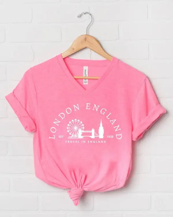 London England Graphic V-Neck Tee - Hot Pink / Large