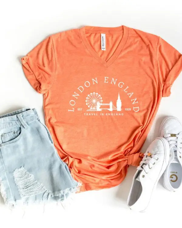 London England Graphic V-Neck Tee - Melon / Large