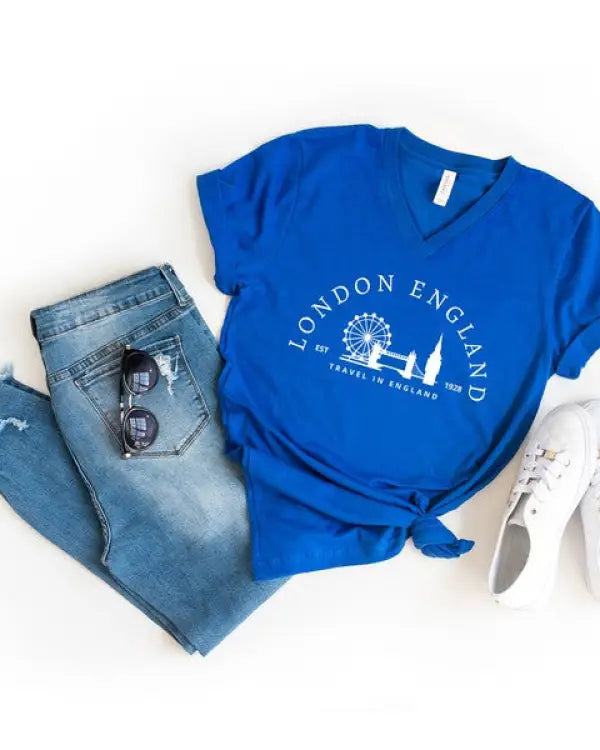 London England Graphic V-Neck Tee - Royal / Large