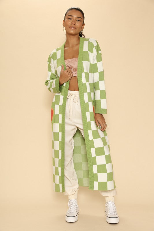 Long knit checkered cardigan