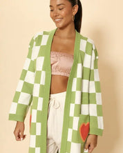 Long knit checkered cardigan