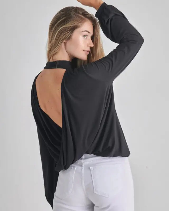 LONG SLEEVE BACK DROP MOCK NECK TOP