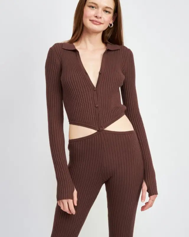 LONG SLEEVE BUTTON UP JUMPSUIT WITH SIDE CUT OUTS