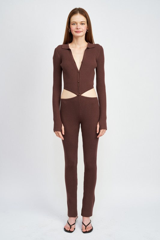 LONG SLEEVE BUTTON UP JUMPSUIT WITH SIDE CUT OUTS - BROWN / S