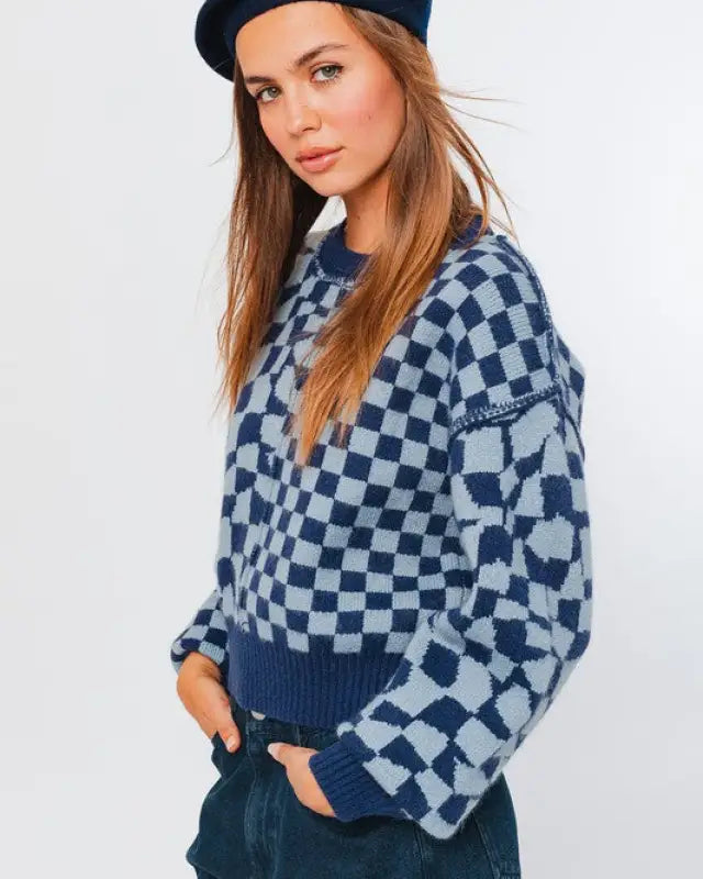 Long Sleeve Checkerboard Sweater