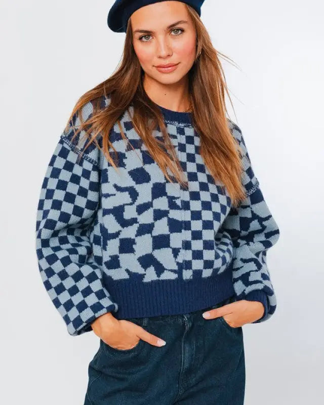 Long Sleeve Checkerboard Sweater