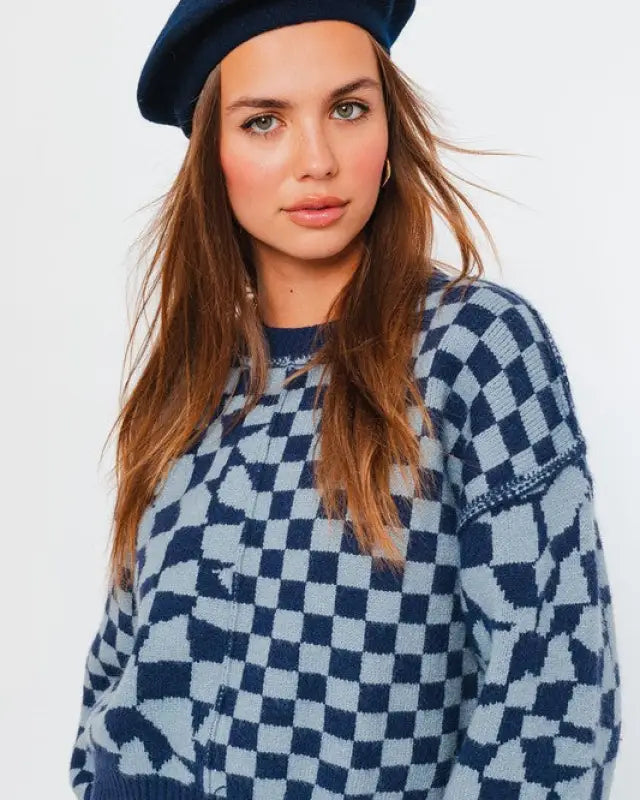 Long Sleeve Checkerboard Sweater