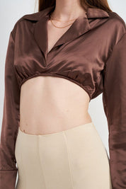Long Sleeve Collared Crop Top With Underwire