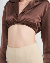 Long Sleeve Collared Crop Top With Underwire