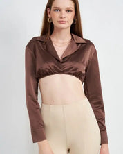 Long Sleeve Collared Crop Top With Underwire