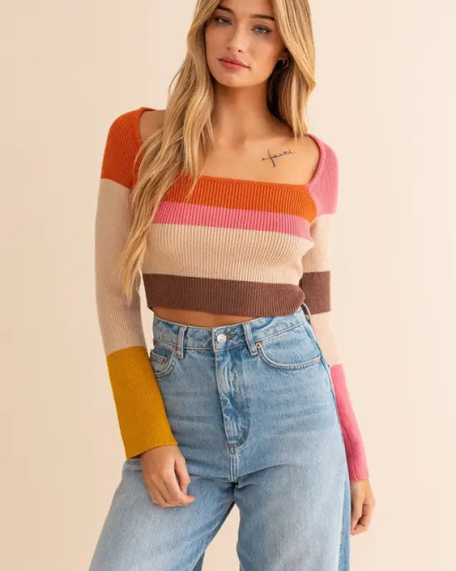 Long Sleeve Color Block Stripe Knit Top