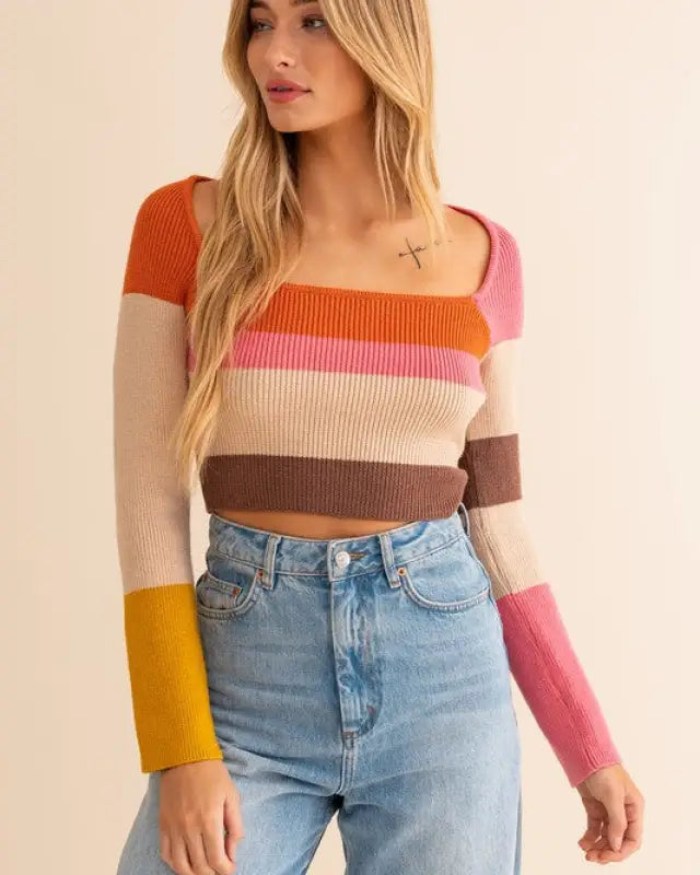 Long Sleeve Color Block Stripe Knit Top