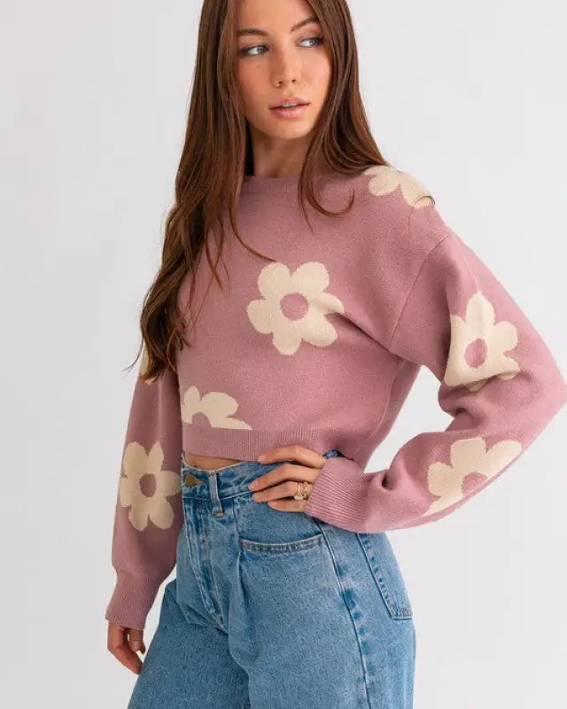 Long Sleeve Crop Sweater With Daisy Pattern