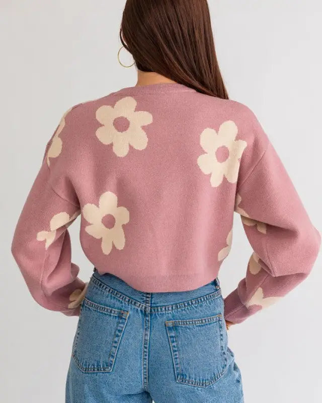 Long Sleeve Crop Sweater With Daisy Pattern