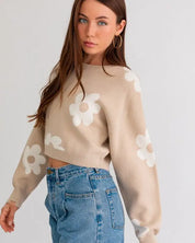 Long Sleeve Crop Sweater With Daisy Pattern