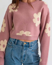 Long Sleeve Crop Sweater With Daisy Pattern