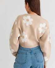 Long Sleeve Crop Sweater With Daisy Pattern