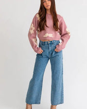 Long Sleeve Crop Sweater With Daisy Pattern