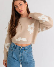 Long Sleeve Crop Sweater With Daisy Pattern