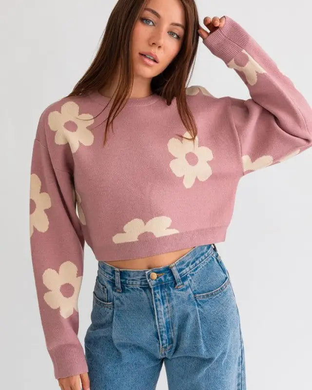 Long Sleeve Crop Sweater With Daisy Pattern