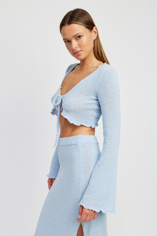 Long Sleeve Front Tie Cropped Top