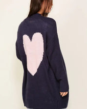 Long Sleeve Open Front Cardigan With Back Heart - Navy Combo / M