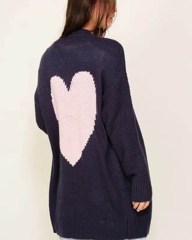 Long Sleeve Open Front Cardigan With Back Heart - Navy Combo / M