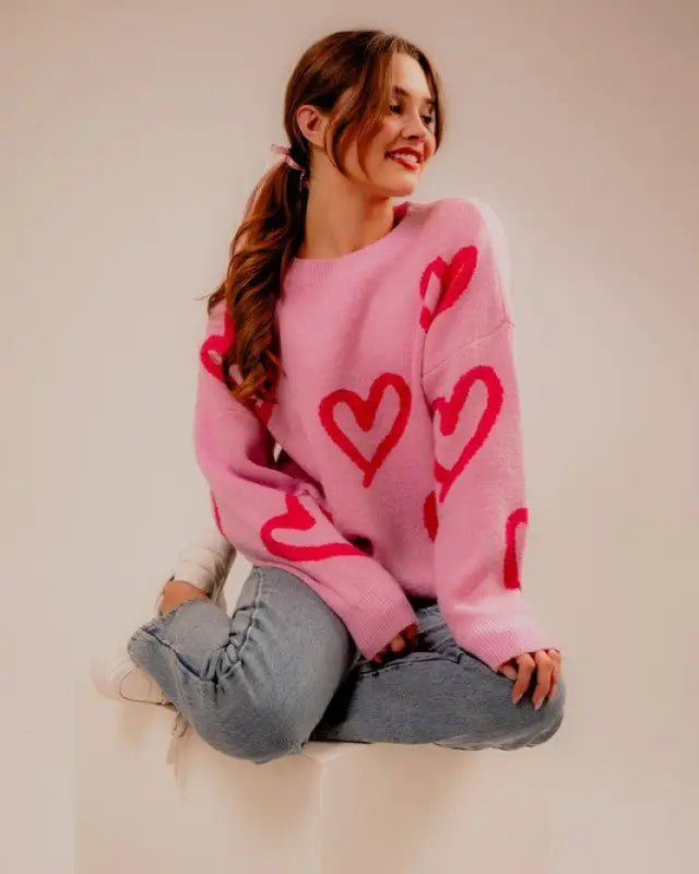 Long Sleeve Round Neck Heart Printed Sweater