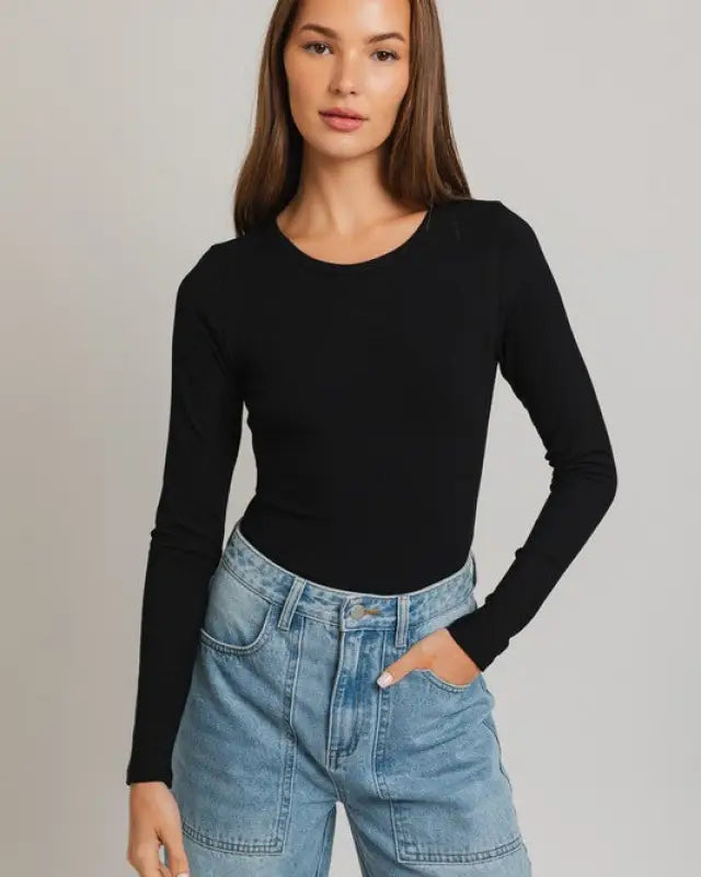 Long Sleeve Round Neck Ribbed Bodysuit - BLACK / XS