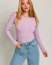 Long Sleeve Round Neck Ribbed Bodysuit - LAVENDER / XS