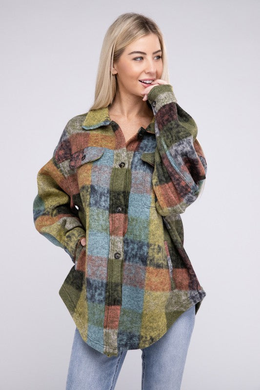 Loose Fit Buttoned Down Check Shirt Jacket - Lime Multi / S