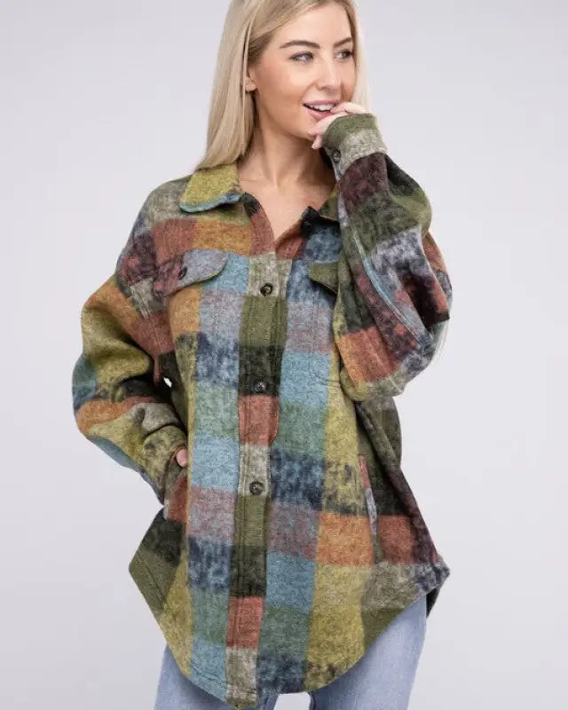 Loose Fit Buttoned Down Check Shirt Jacket - Lime Multi / S