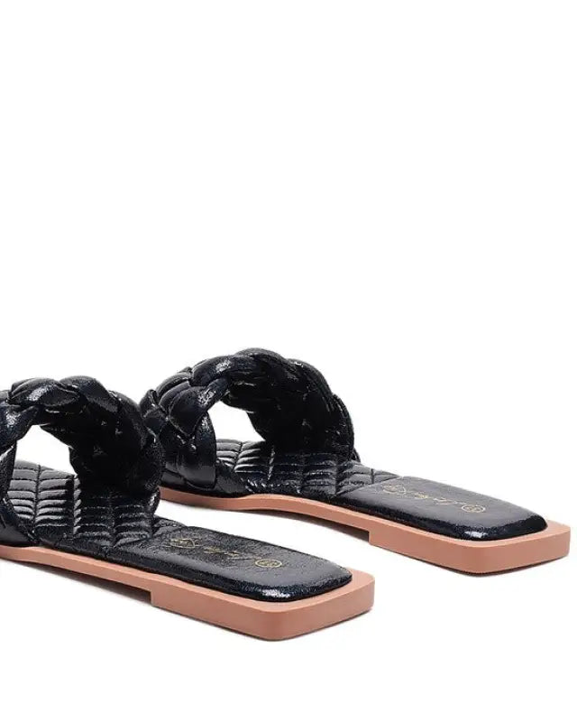 MARCUE PATENT PU QUILTED SLIDES IN WOVEN STRAPS