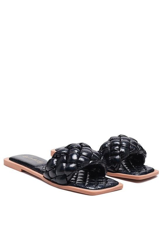 MARCUE PATENT PU QUILTED SLIDES IN WOVEN STRAPS - Black / 6
