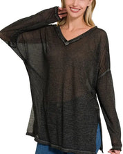 Melange Burnout Dolman Sleeve V-Neck Top - ASH BLACK / S