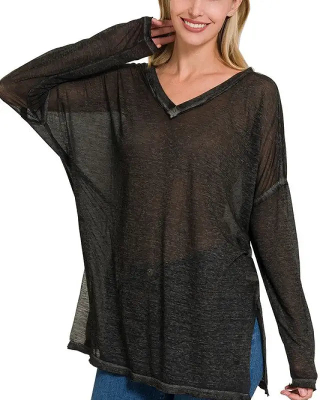 Melange Burnout Dolman Sleeve V-Neck Top - ASH BLACK / S