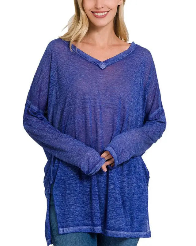 Melange Burnout Dolman Sleeve V-Neck Top - BRIGHT BLUE / S