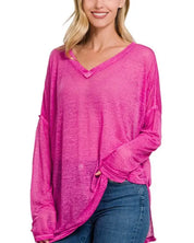 Melange Burnout Dolman Sleeve V-Neck Top - HOT PINK / S