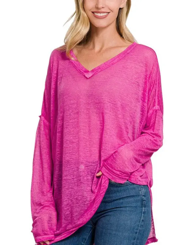 Melange Burnout Dolman Sleeve V-Neck Top - HOT PINK / S