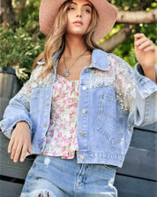 Mesh Stitching Nail Drill Button Down Denim Jacket