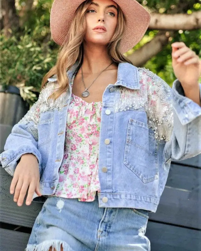 Mesh Stitching Nail Drill Button Down Denim Jacket