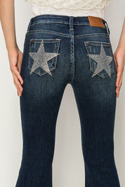 Mid Rise Flare Star Rhinestone On Pockets Jeans