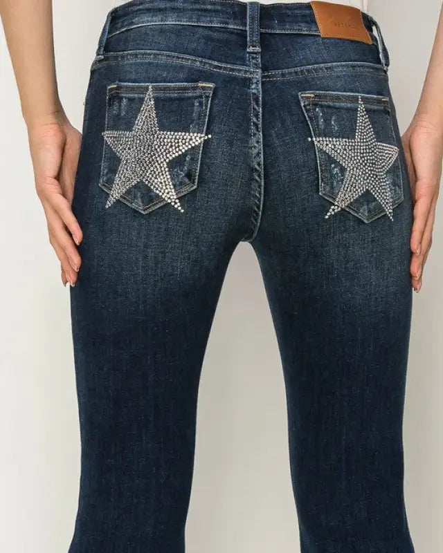 Mid Rise Flare Star Rhinestone On Pockets Jeans